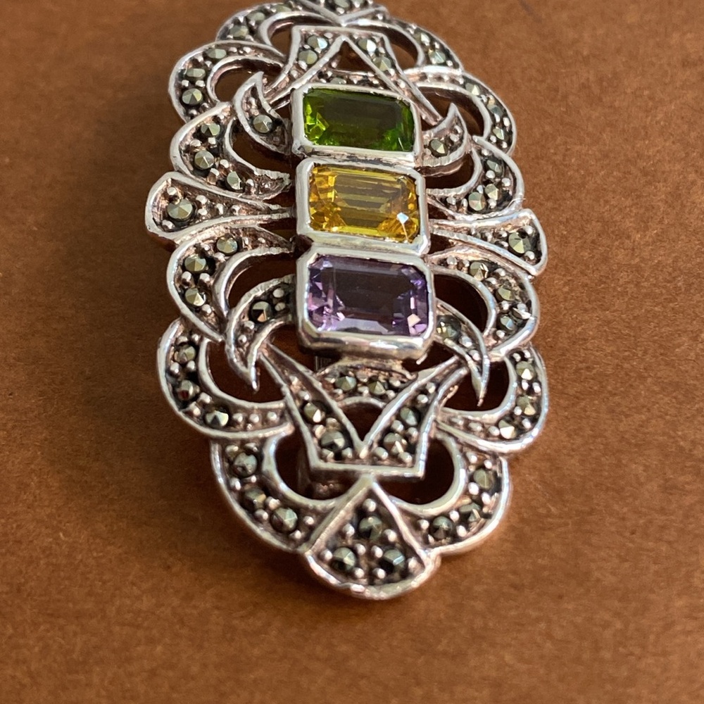 Vintage Sterling Silver Amethyst Citrine Peridot & Marcasite Brooch Pin - Picture 6 of 11
